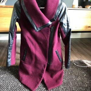 Wool/ Leather Long burgundy Coat
